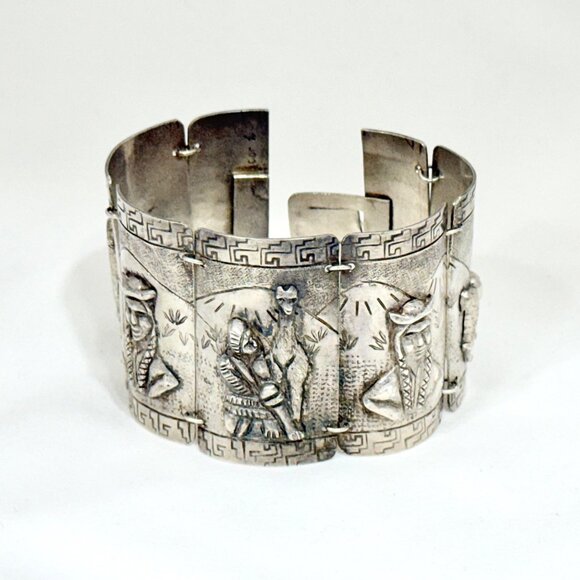 Vintage Peruvian Storyteller Panel Bracelet 900 Silver Signed - Picture 2 of 11